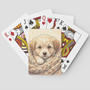Cute puppy wrapped by knitted blanket playing cards