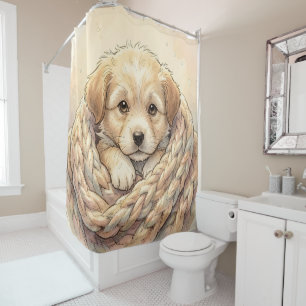 Cute puppy wrapped by knitted blanket shower curtain
