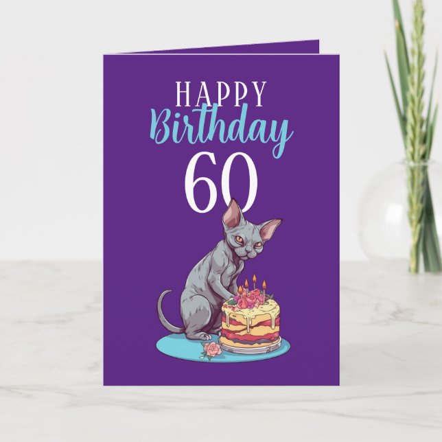 Cute Purple and Blue Sphynx Husband 60th Birthday Card (Front)