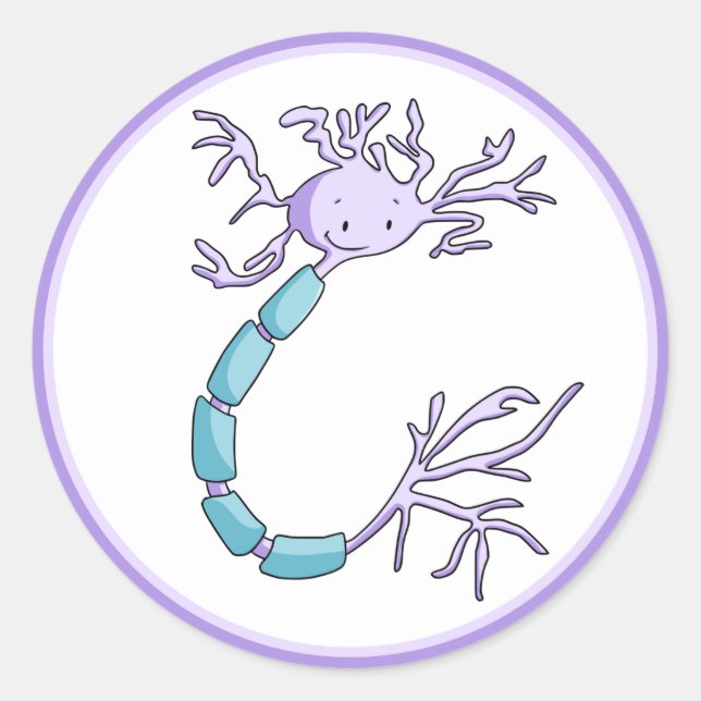 Cute Purple and Green Neuron Cell Illustrated Classic Round Sticker (Front)