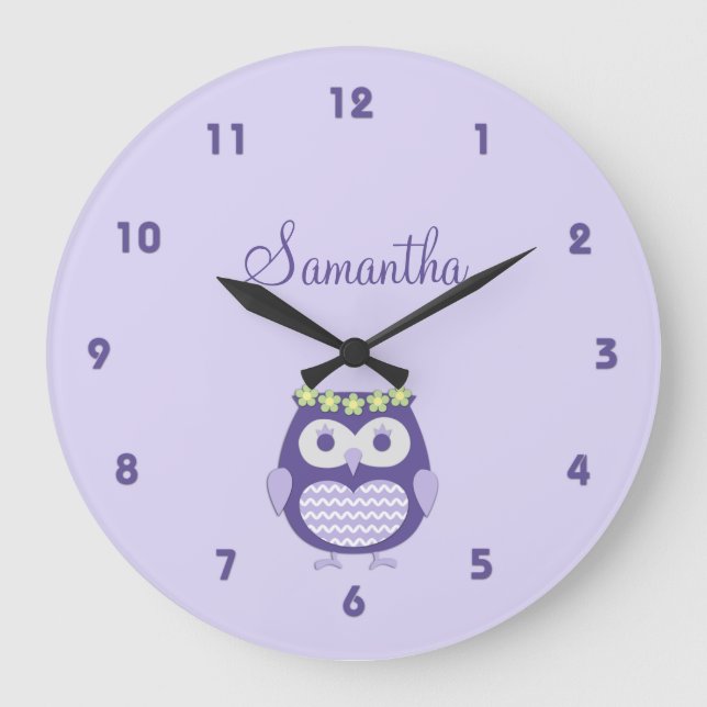 Cute Purple and Lavender Girly Owl Wall Clock (Front)