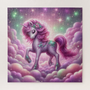 Cute purple and pink glitter bright unicorn jigsaw puzzle