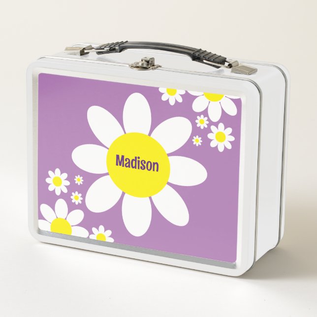 Cute Purple and White Daisies Floral Custom Name Metal Lunch Box (Front)