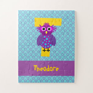 Cute Purple & Aqua Owl & Stars Kids Name Monogram Jigsaw Puzzle