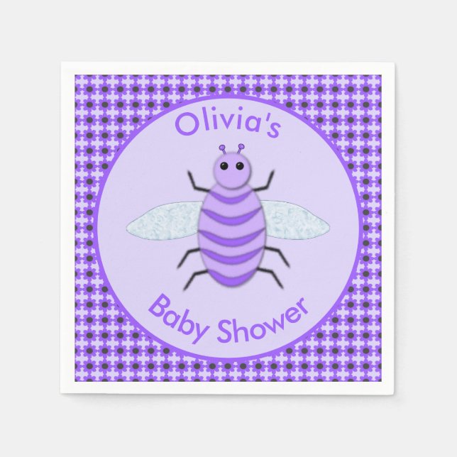 Cute Purple Baby Bee Gender Neutral Baby Shower Napkin (Front)