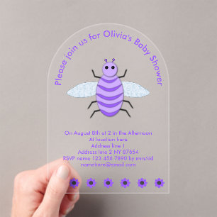 Cute Purple Baby Bee Gender Neutral Custom Acrylic Invitations