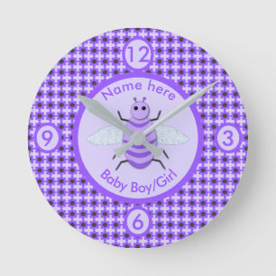 Cute Purple Baby Bee Gender Neutral Custom Nursery Round Clock