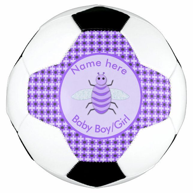 Cute Purple Baby Bee Gender Reveal Neutral Custom Soccer Ball (Front)