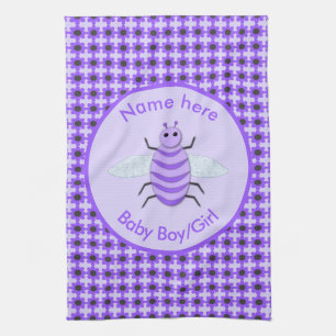 Cute Purple Baby Bee Gender Reveal Neutral Custom Tea Towel