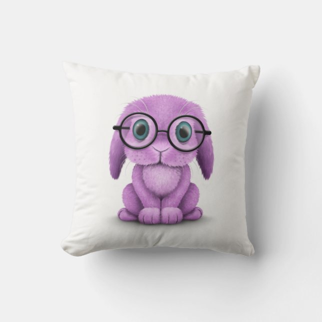 Cute Purple Baby Bunny Wearing Glasses on White Cushion (Front)