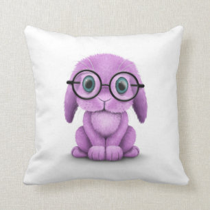 Cute Purple Baby Bunny Wearing Glasses on White Cushion