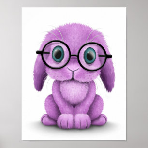 Cute Purple Baby Bunny Wearing Glasses on White Poster