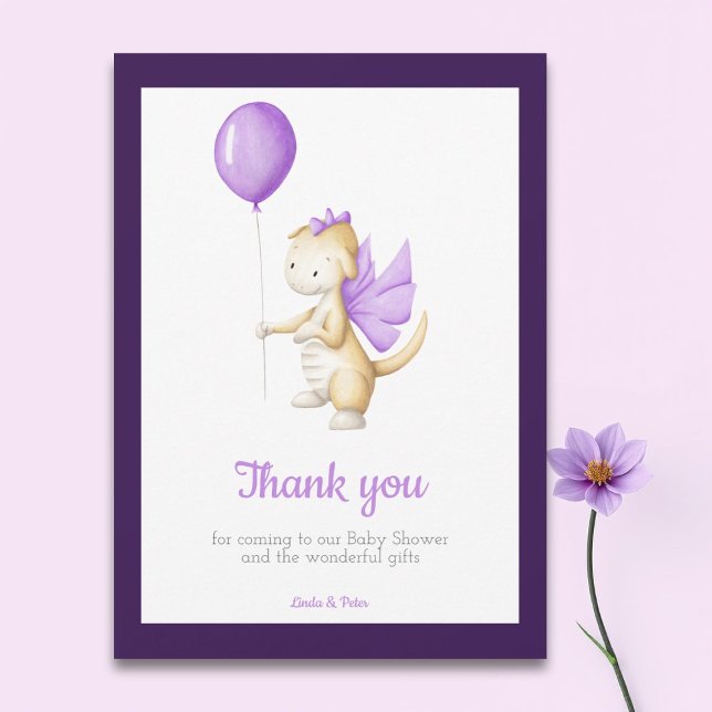 Cute Purple Baby Dragon Baby Shower Thank You Card (Creator Uploaded)