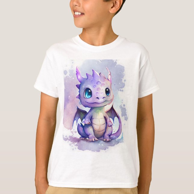 Cute Purple Baby Dragon Watercolor Design T-Shirt (Front)
