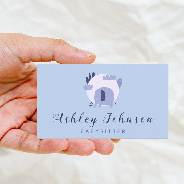 Cute Purple Baby Elephant Babysitting Theme Blue   Business Card (Creator Uploaded)