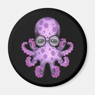 Cute Purple Baby Octopus Wearing Glasses on Black Magnet