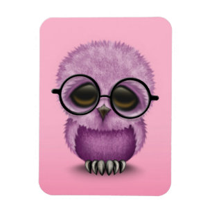 Cute Purple Baby Owl Wearing Glasses on Pink Magnet