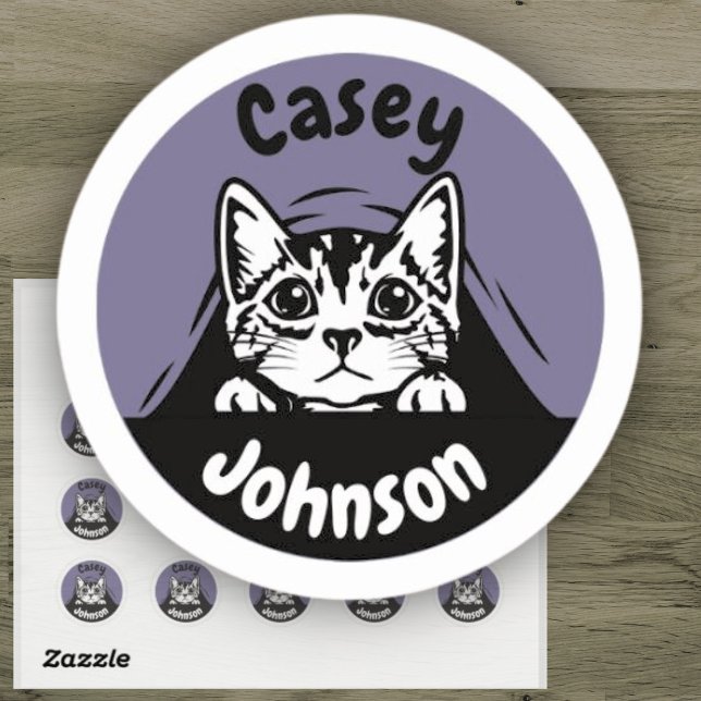 Cute Purple Back to School Cat Name Label (Creator Uploaded)