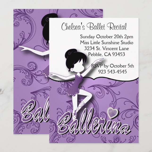 Cute Purple Ballerina Girl | Ballet Dance Recital Invitation (Front/Back)