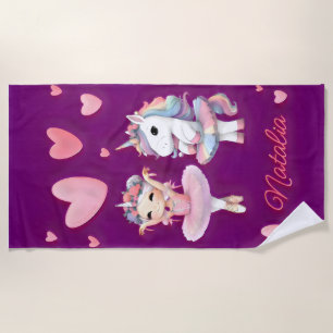Cute Purple Ballerina Unicorn Beach Towel