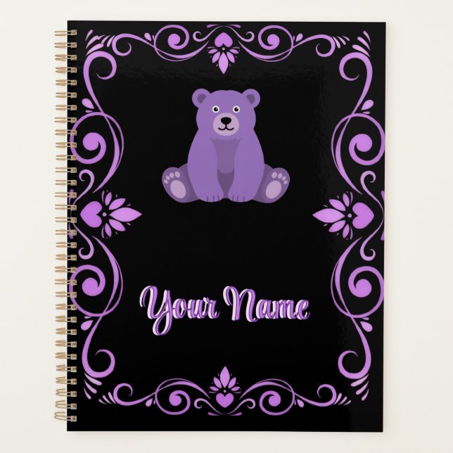 Cute Purple Bear Ornate Damask Frame Art Planner (Front)