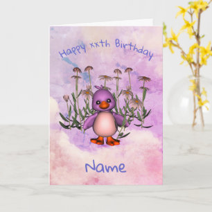Cute Purple Bird Daisy Personalised Birthday Card
