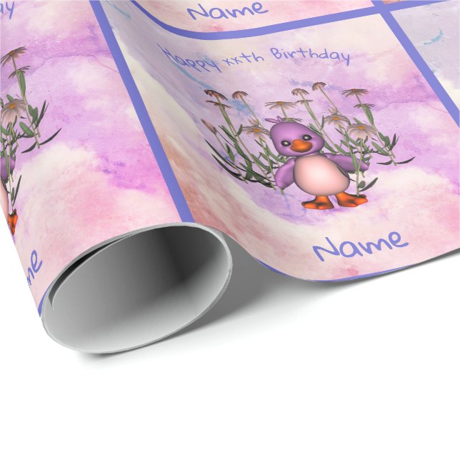 Cute Purple Bird Daisy Personalised Birthday  Wrapping Paper (Roll Corner)