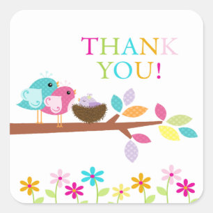 Cute Purple Bird Nest Thank You Baby Shower Square Sticker