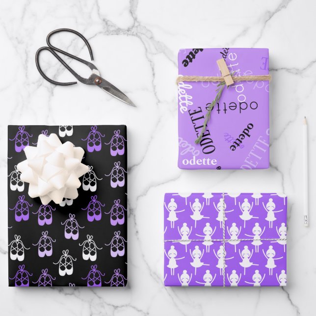 Cute Purple Black Ballerina Shoes Names Wrapping Paper Sheet (Front)