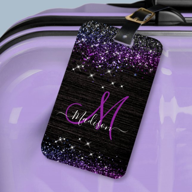 Cute purple black faux glitter monogram luggage tag (Creator Uploaded)