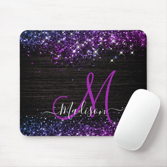 Cute purple black faux glitter monogram mouse pad (With Mouse)