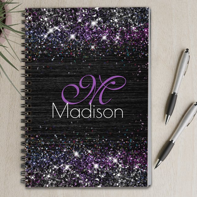 Cute purple black faux glitter monogram notebook (Creator Uploaded)