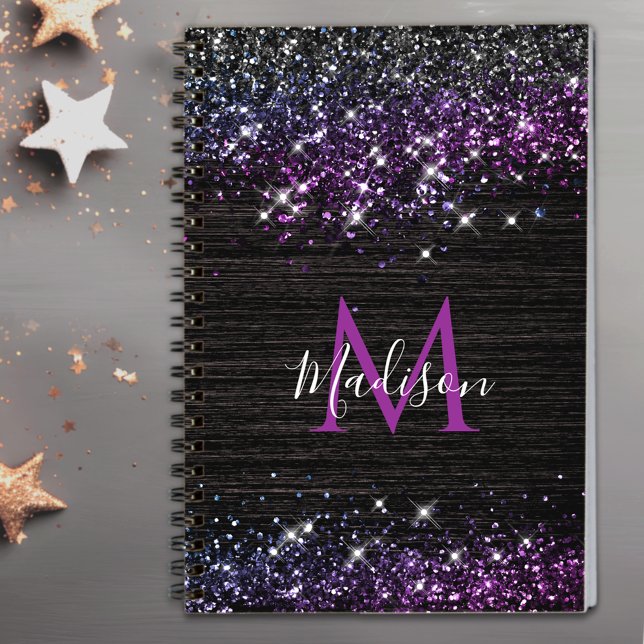 Cute purple black faux glitter monogram notebook (Creator Uploaded)