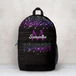 Cute purple black faux glitter monogram printed backpack