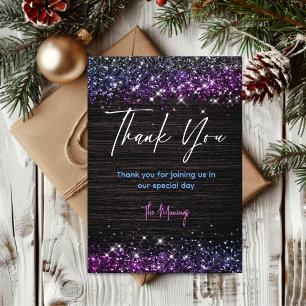 Cute purple black faux glitter thank you card