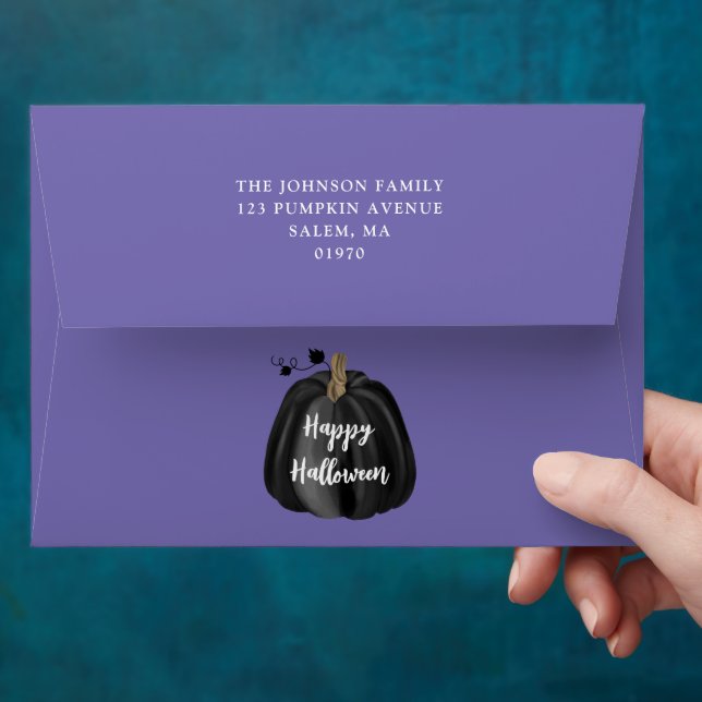 Cute Purple Black Pumpkin Halloween Return Address Envelope (Hand)