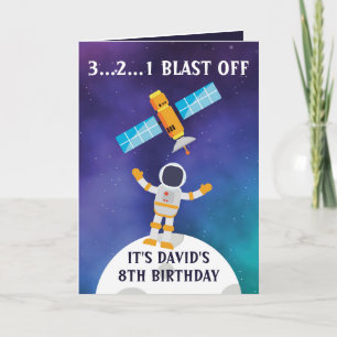 Cute Purple Blue Astronaut Satellite 8th Birthday Card