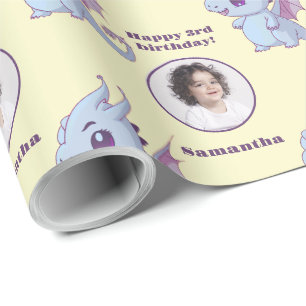 Cute Purple Blue Chibi Dragon Custom Photo Text Wrapping Paper