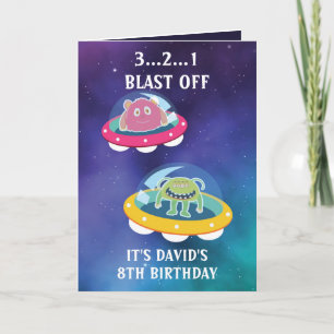 Cute Purple Blue Galaxy Monsters 8th Birthday Card