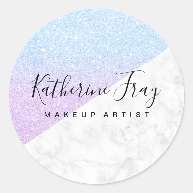 Cute purple blue glitter white marble makeup classic round sticker (Front)