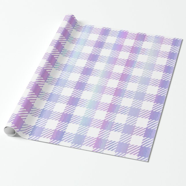 Cute Purple Blue Iridescent Gingham Pattern  Wrapping Paper (Unrolled)