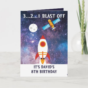 Cute Purple Blue Space Rocket Moon 8th Birthday Card