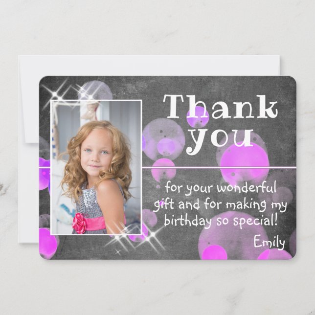Cute Purple Bubbles Chalkboard Girly Photo Thank You Card (Front)