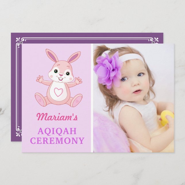 Cute Purple Bunny Baby Girl Photo Aqiqah Invitation (Front/Back)