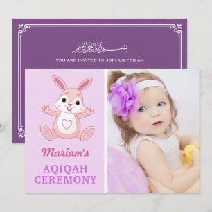 Cute Purple Bunny Baby Girl Photo Aqiqah Invitation