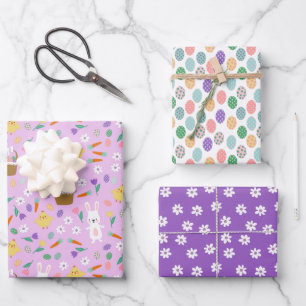 Cute Purple Bunny Chickens Mixed Easter Patterns Wrapping Paper Sheet