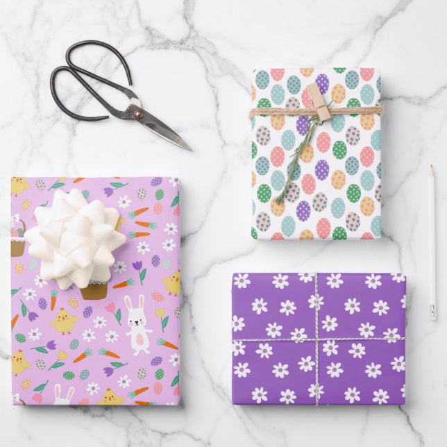 Cute Purple Bunny Chickens Mixed Easter Patterns Wrapping Paper Sheet (Front)