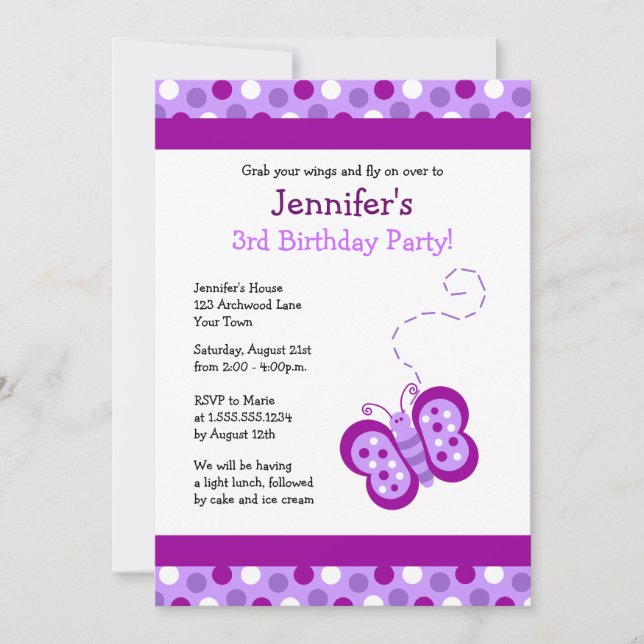 Cute Purple Butterfly & Polka Dots Birthday Invite (Front)