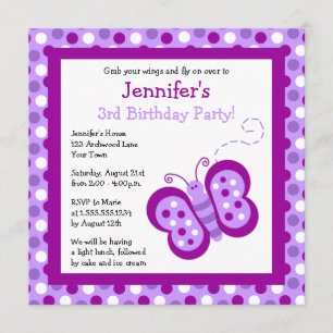 Cute Purple Butterfly & Polka Dots Birthday Invite