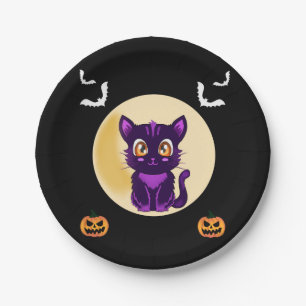 Cute Purple Cartoon cat kids halloween party Paper Plate